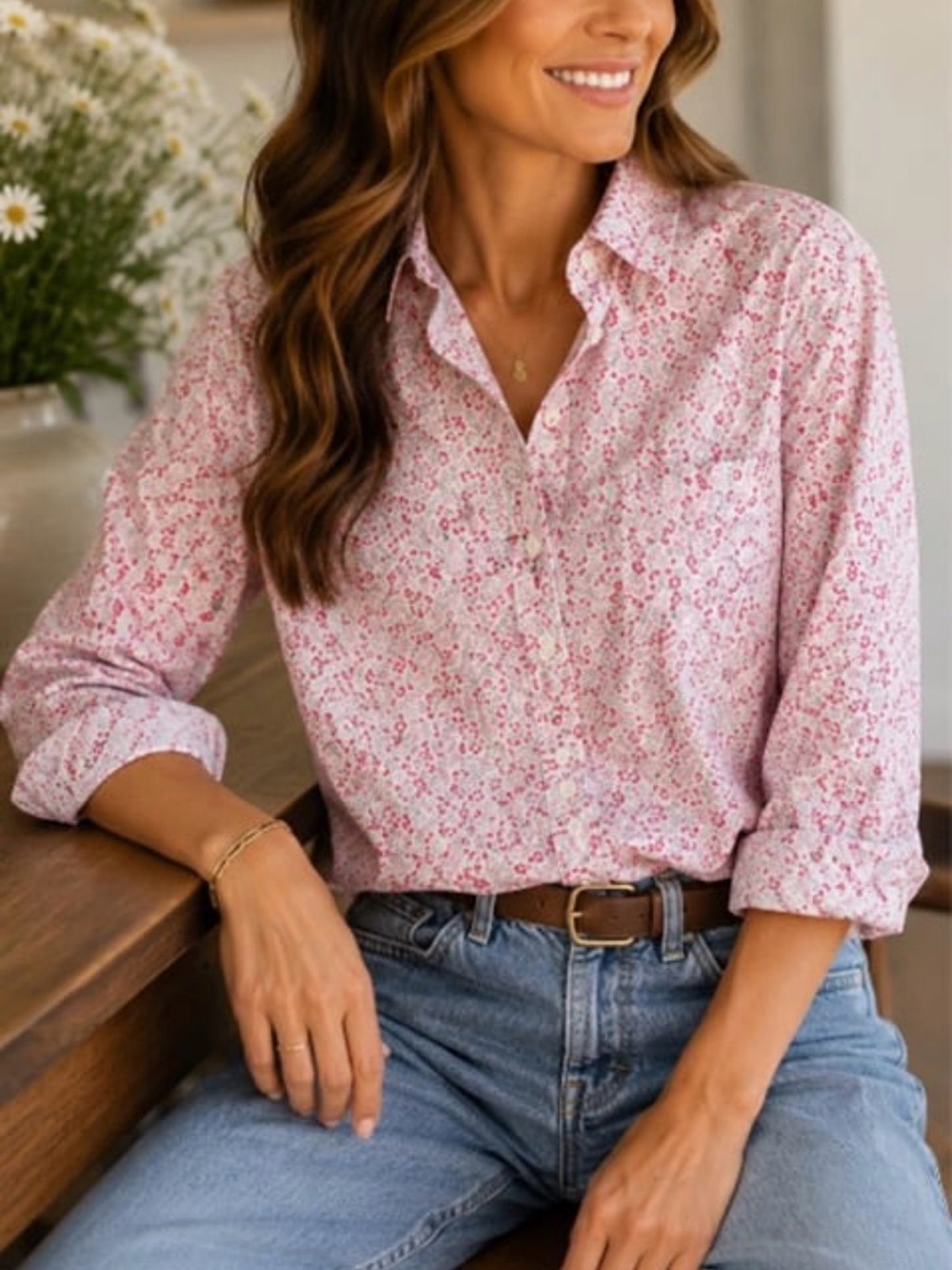 L.L.Bean Wrinkle Resist Floral Button Down Shirt Large Petite 100% Cotton - Picture 1 of 4